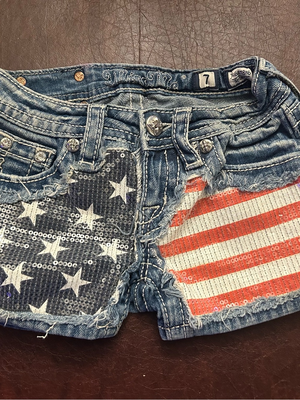 Miss Me Denim Shorts with Red, White & Blue Sequin Flag Panels